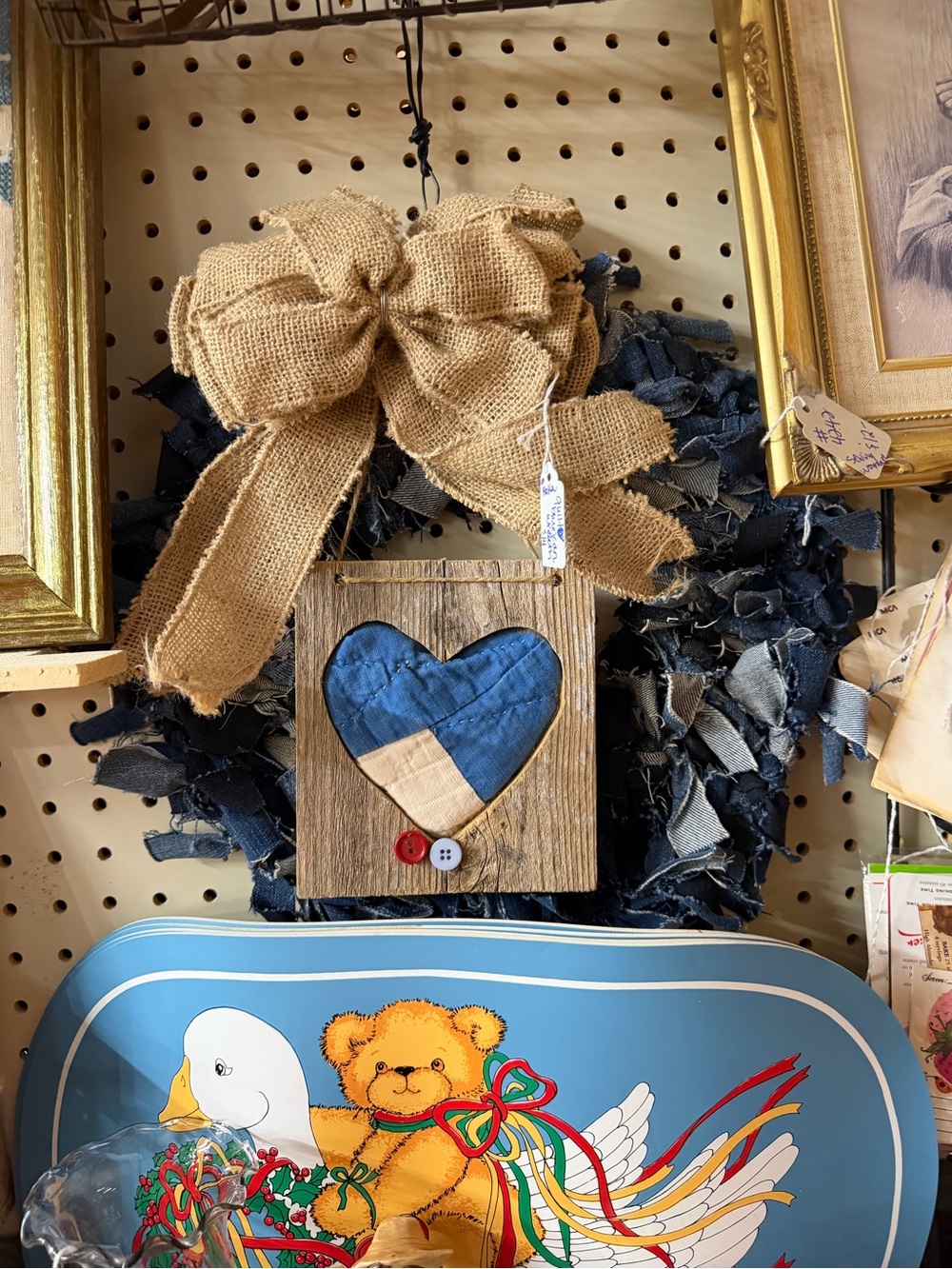 Rustic Heart accent on Wall Hanging wreath with Burlap Bow - Blue & Tan